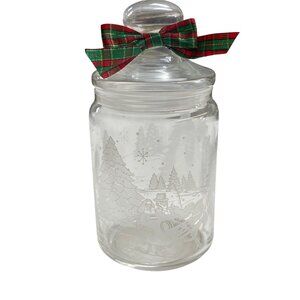 Holiday-Themed Glass Jar With Lid & Bow  Winter Scene Design
